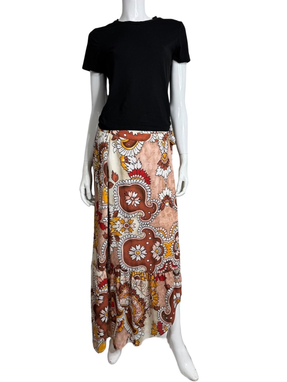 BCBGMAXAZRIA Boho Paisley Print Dusty Rio Red Maxi Wrap Skirt